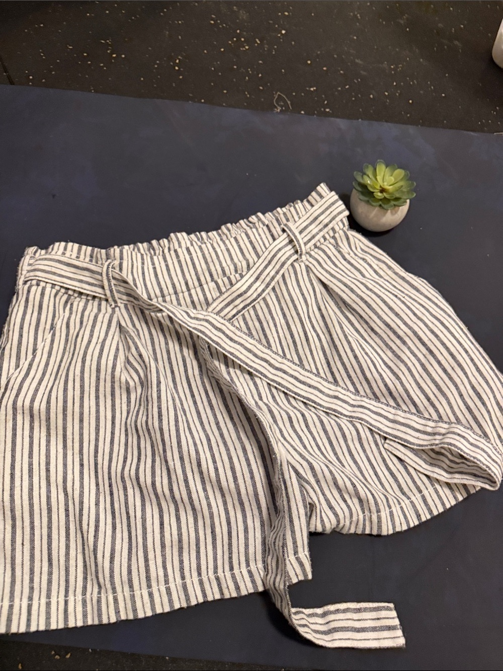 Ci Sono Navy & White Striped Flat-Front Shorts with Self Tie